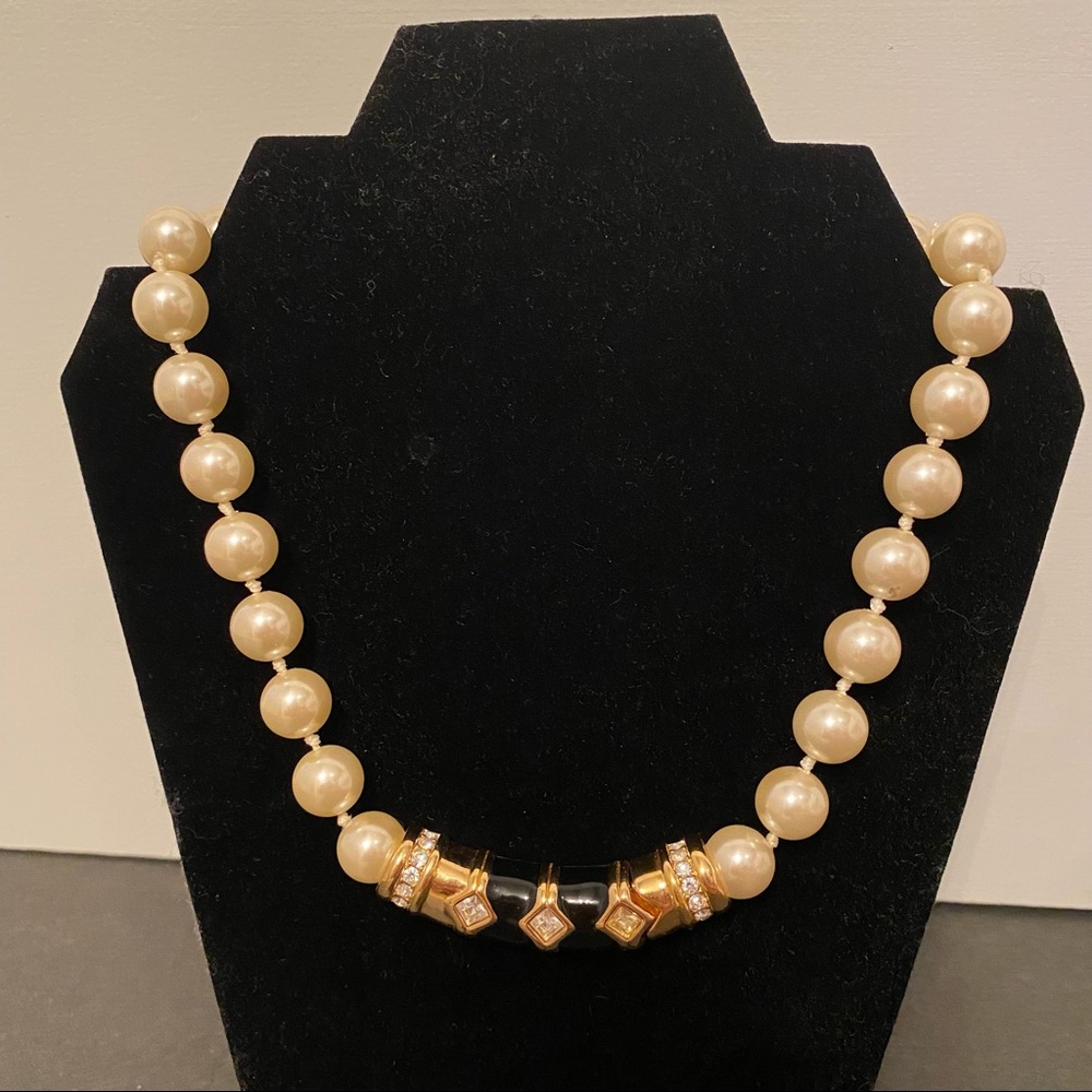SWAROVSKI NECKLACE CHOKER PEARLS GOLD BLACK ENAMEL CRYSTALS 17” STATEMENT - Picture 3 of 12